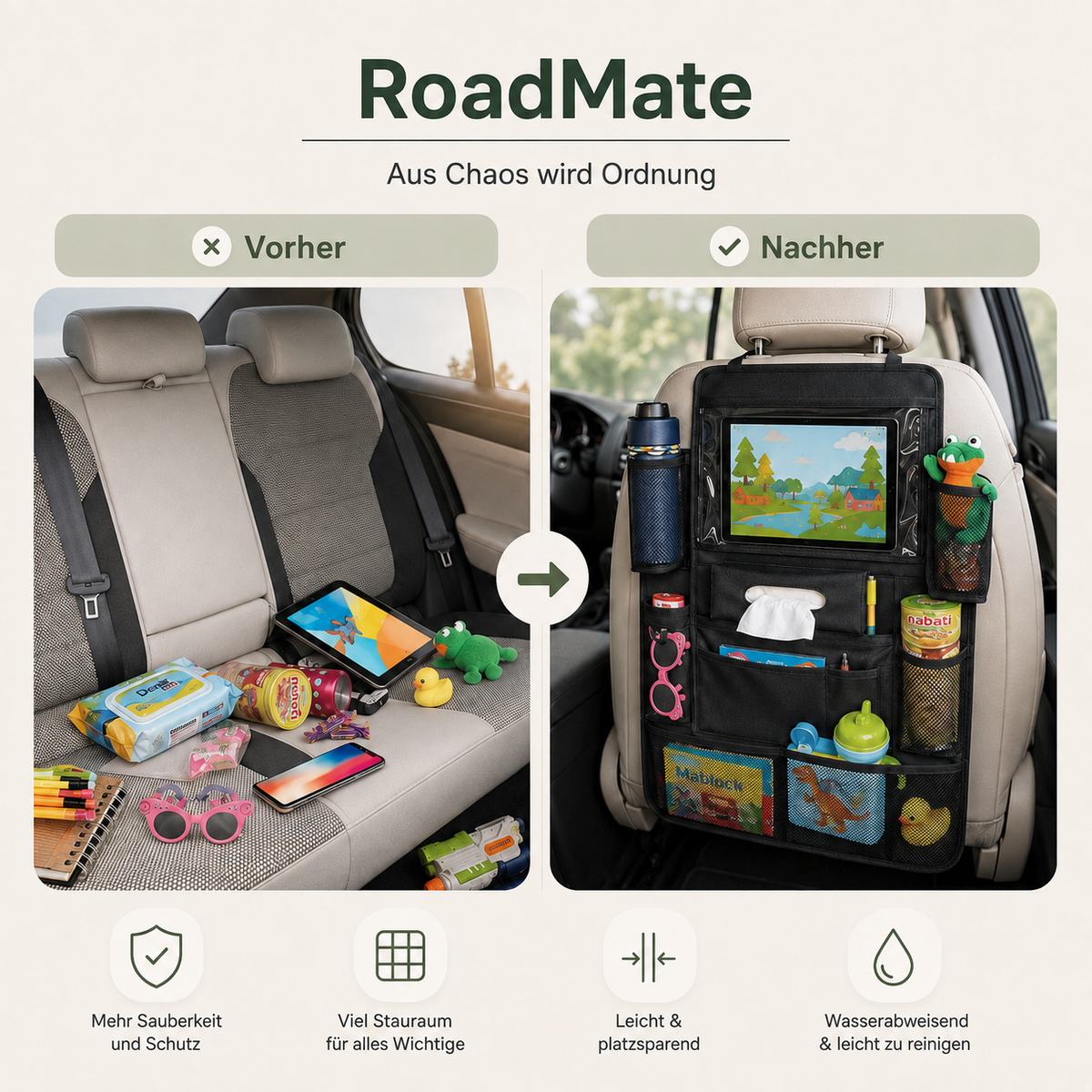 EVRILO RoadMate – Rücksitz-Organizer mit Tabletfach
