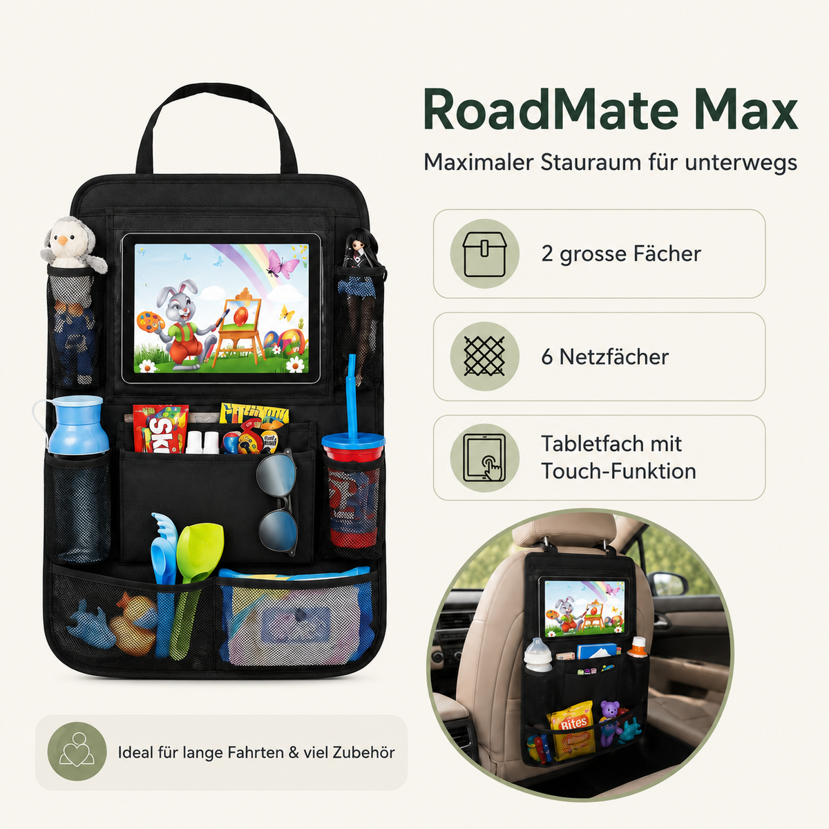 EVRILO RoadMate – Rücksitz-Organizer mit Tabletfach