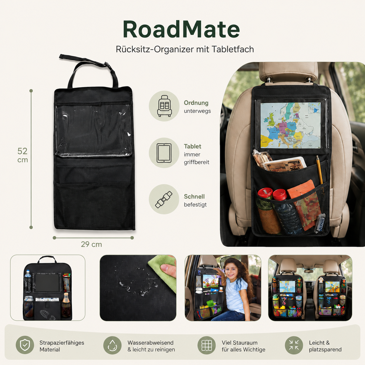 EVRILO RoadMate – Rücksitz-Organizer mit Tabletfach