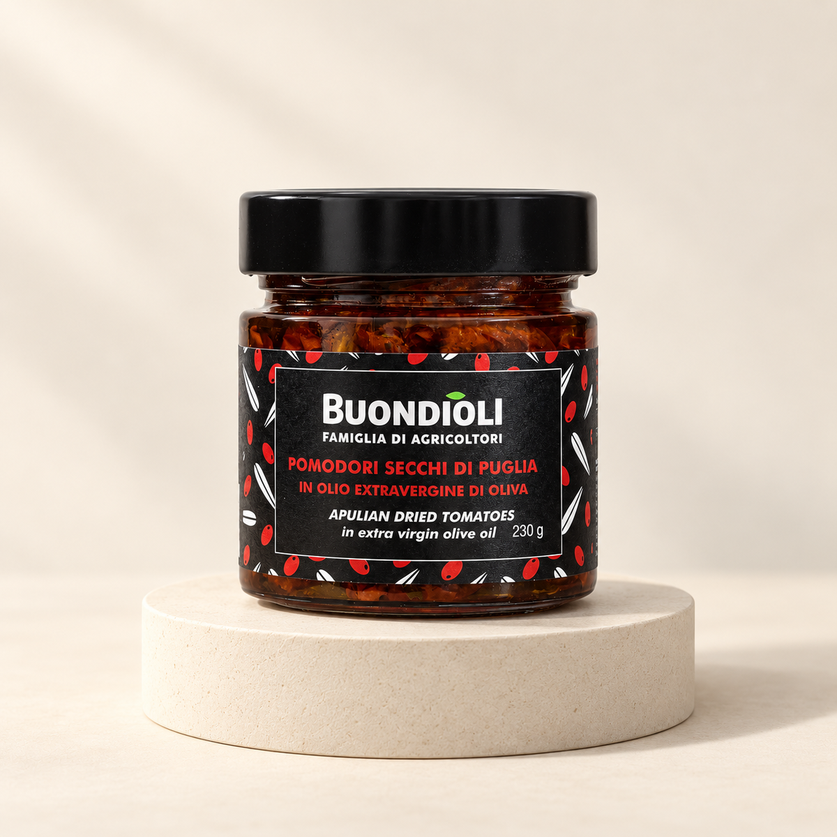 BuondiOli – Getrocknete Tomaten aus Apulien in Olivenöl 230 g – Vorderansicht auf hellem Steinsockel