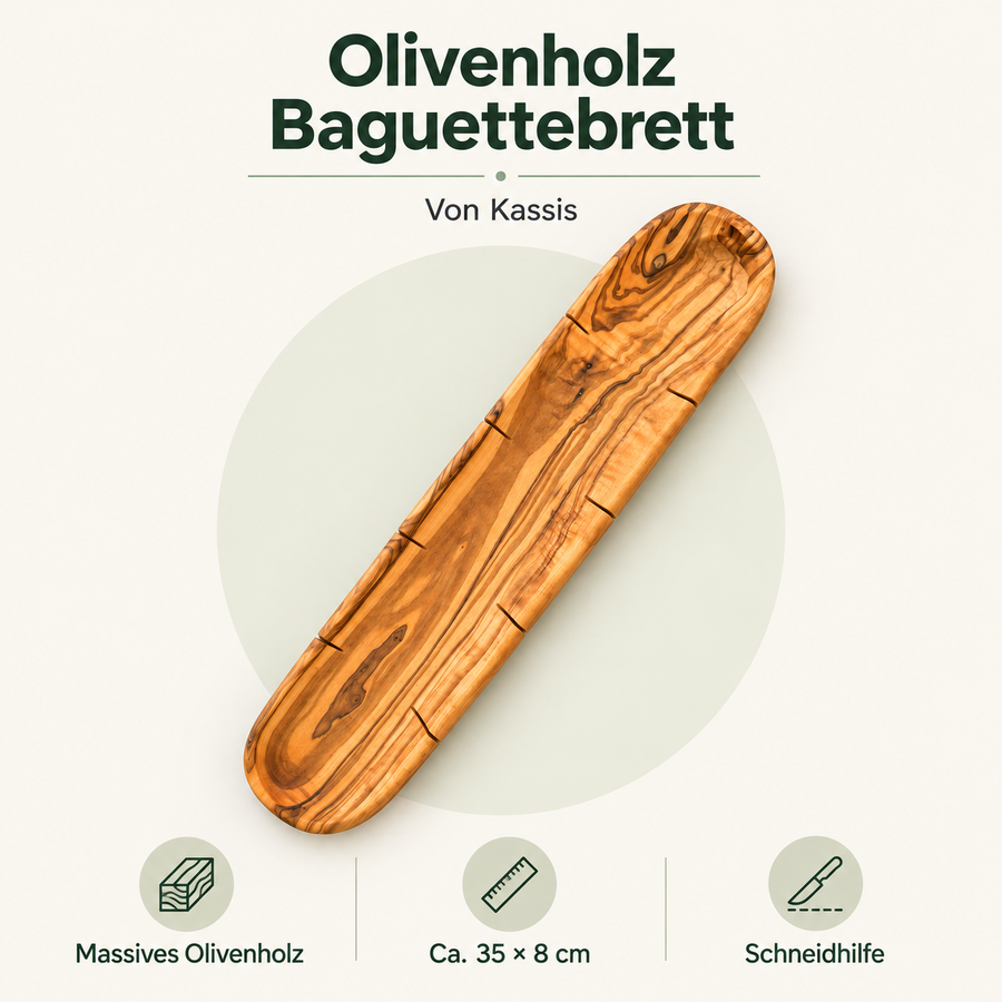 Kassis Olivenholz-Baguettebrett – Evrilo-Produktgrafik mit Merkmalen