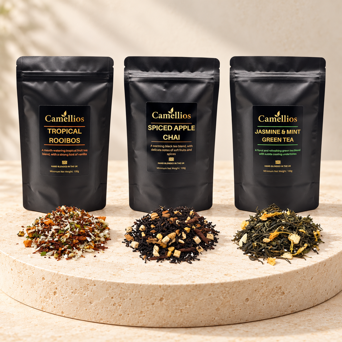 Camellios Exotisches Tee-Set – 3 × 100 g – Titelbild im Evrilo-Stil