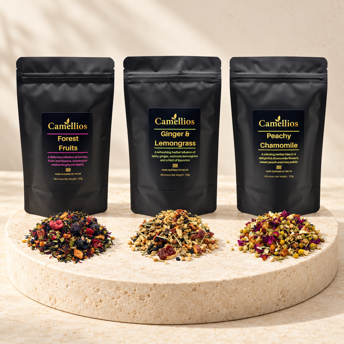Camellios Kräuter- & Früchtetee-Set – 3 × 100 g – Titelbild im Evrilo-Stil