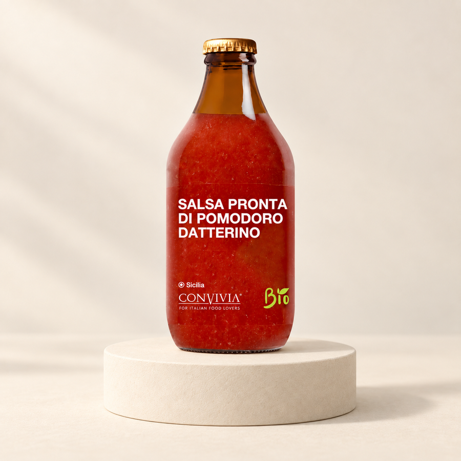 Bio Datterino Tomatensauce – 330 g – Produktfoto im Evrilo-Stil