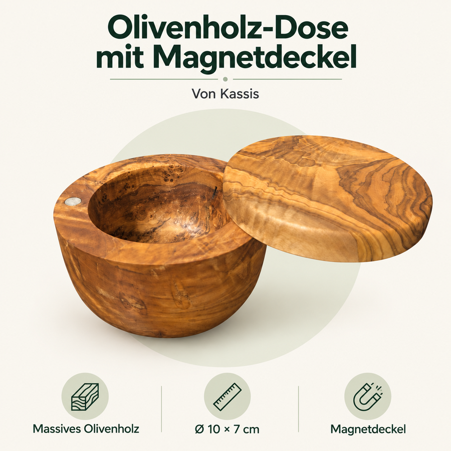 Kassis Olivenholz-Dose mit Magnetdeckel – Evrilo-Produktgrafik mit Merkmalen
