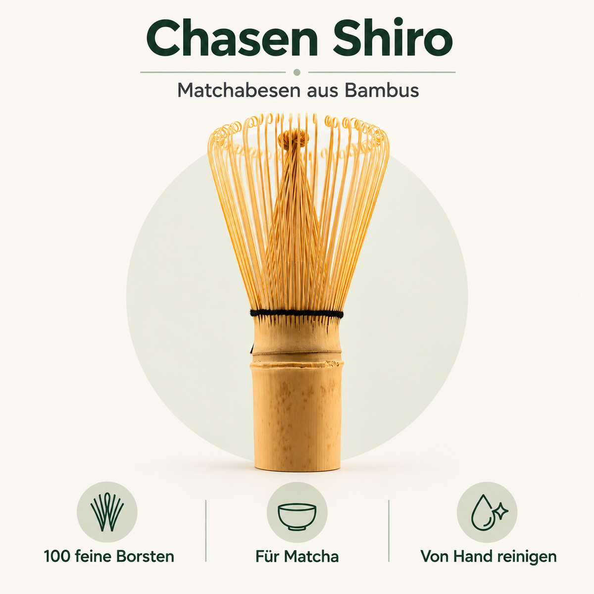 Chasen Shiro – Matchabesen aus Bambus – Evrilo-Produktgrafik mit Merkmalen