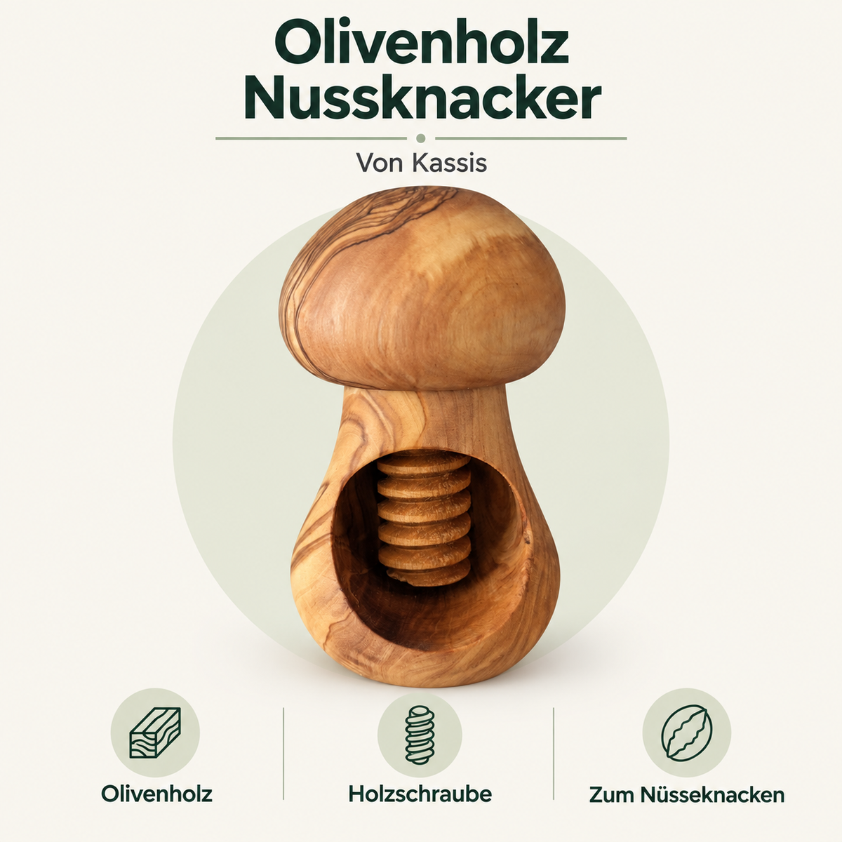 Kassis Nussknacker aus Olivenholz mit Holzschraube im cremefarbenen Evrilo-Design