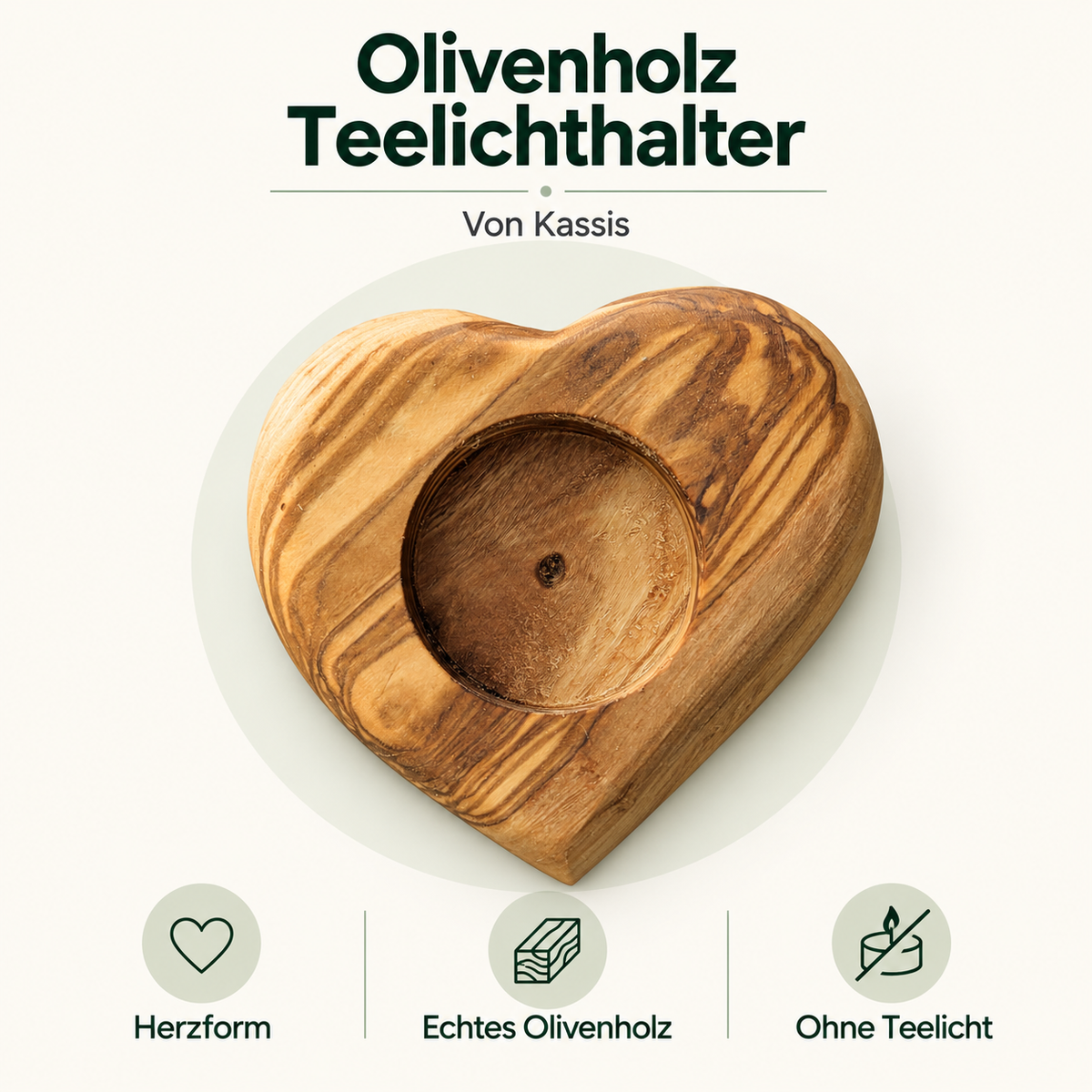 Olivenholz-Teelichthalter in Herzform – ohne Teelicht