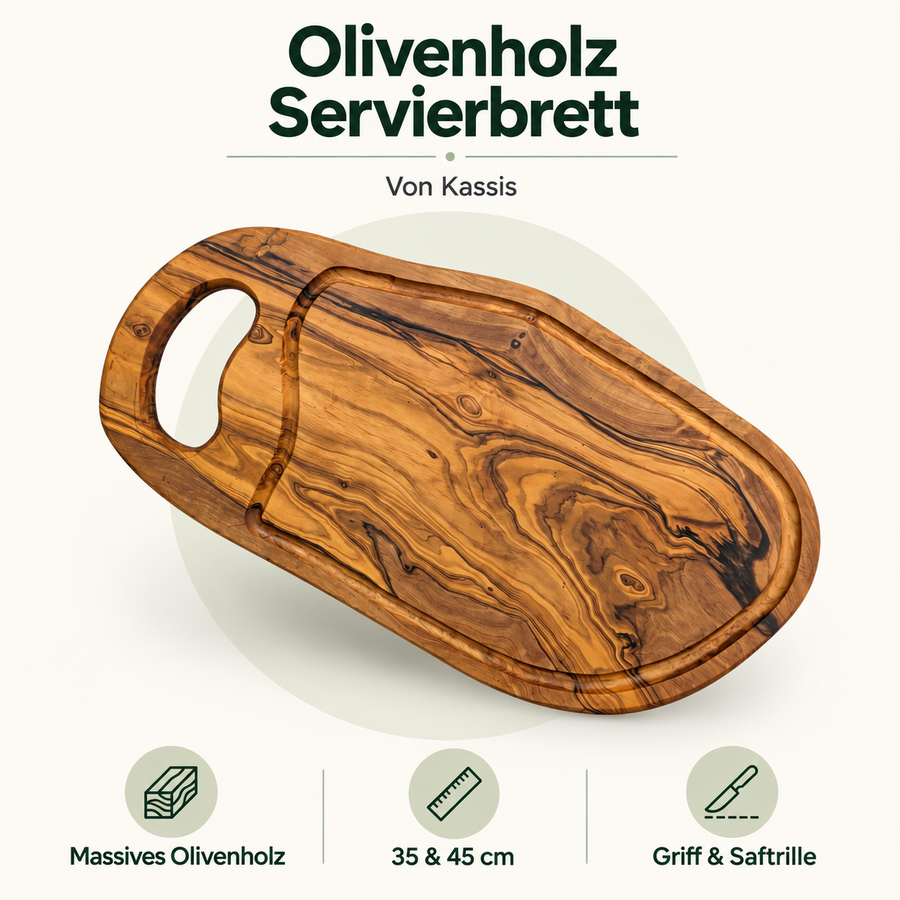 Olivenholz-Servierbrett mit Griff und Saftrille – 35 und 45 cm