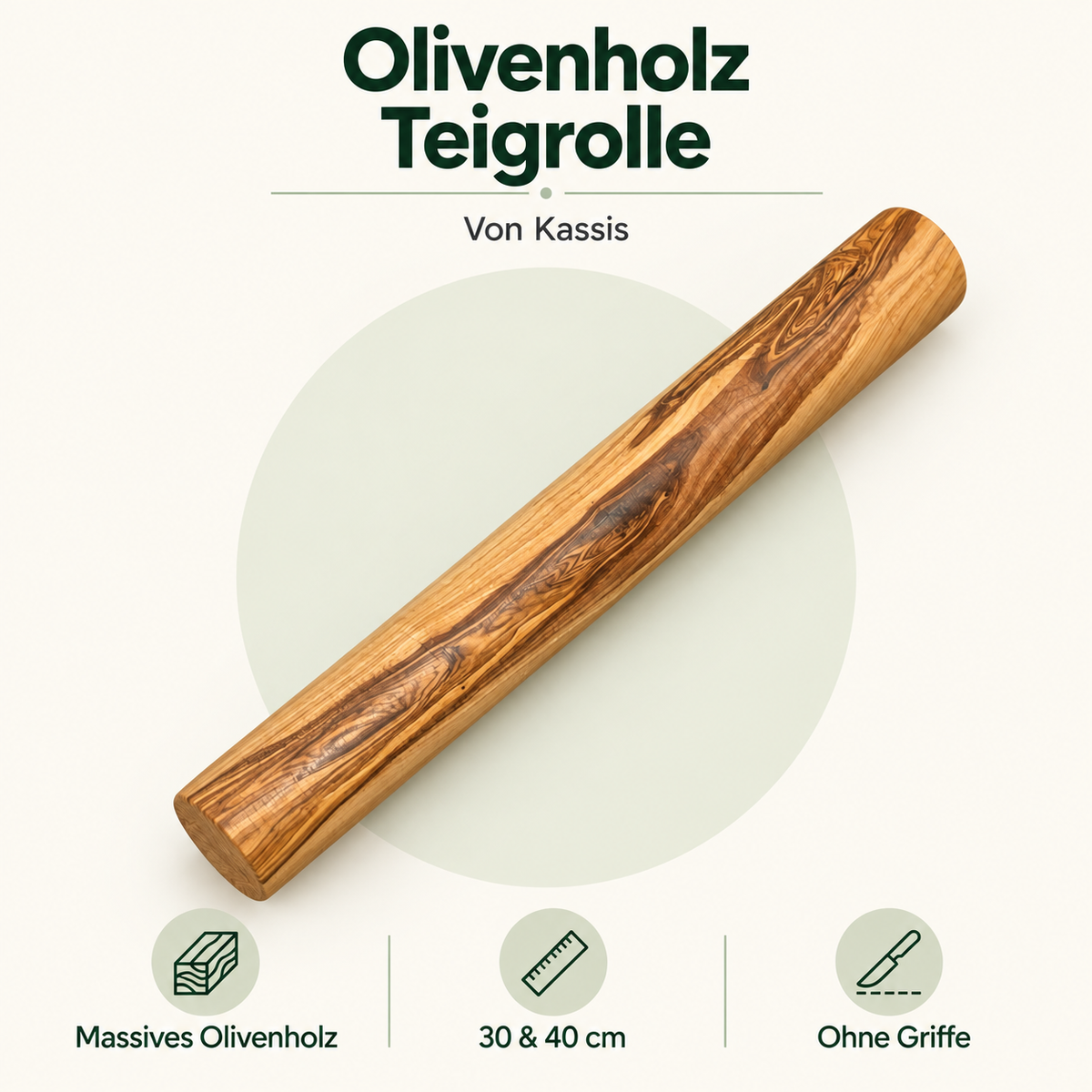 Teigrolle aus Olivenholz ohne Griffe – 30 und 40 cm