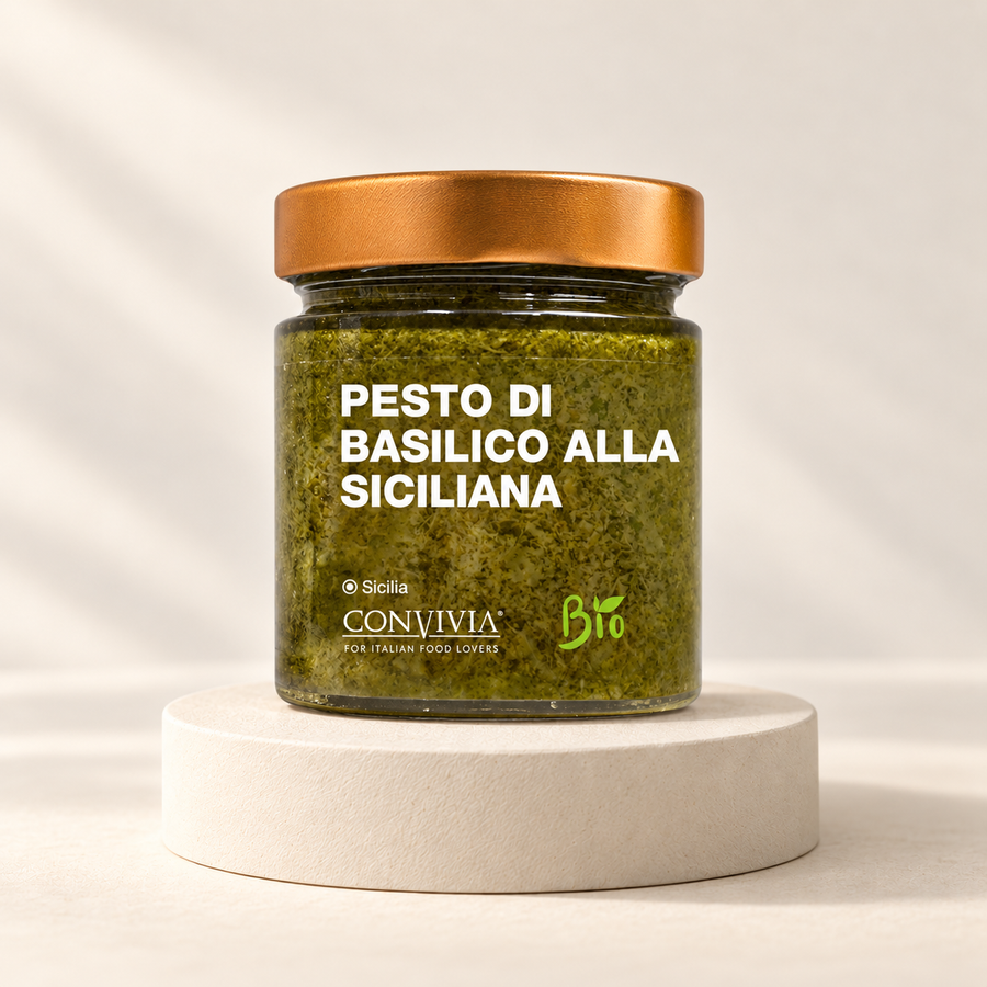 Bio Pesto alla Siciliana – Basilikum & Mandeln 190 g – Vorderseite im Evrilo-Stil