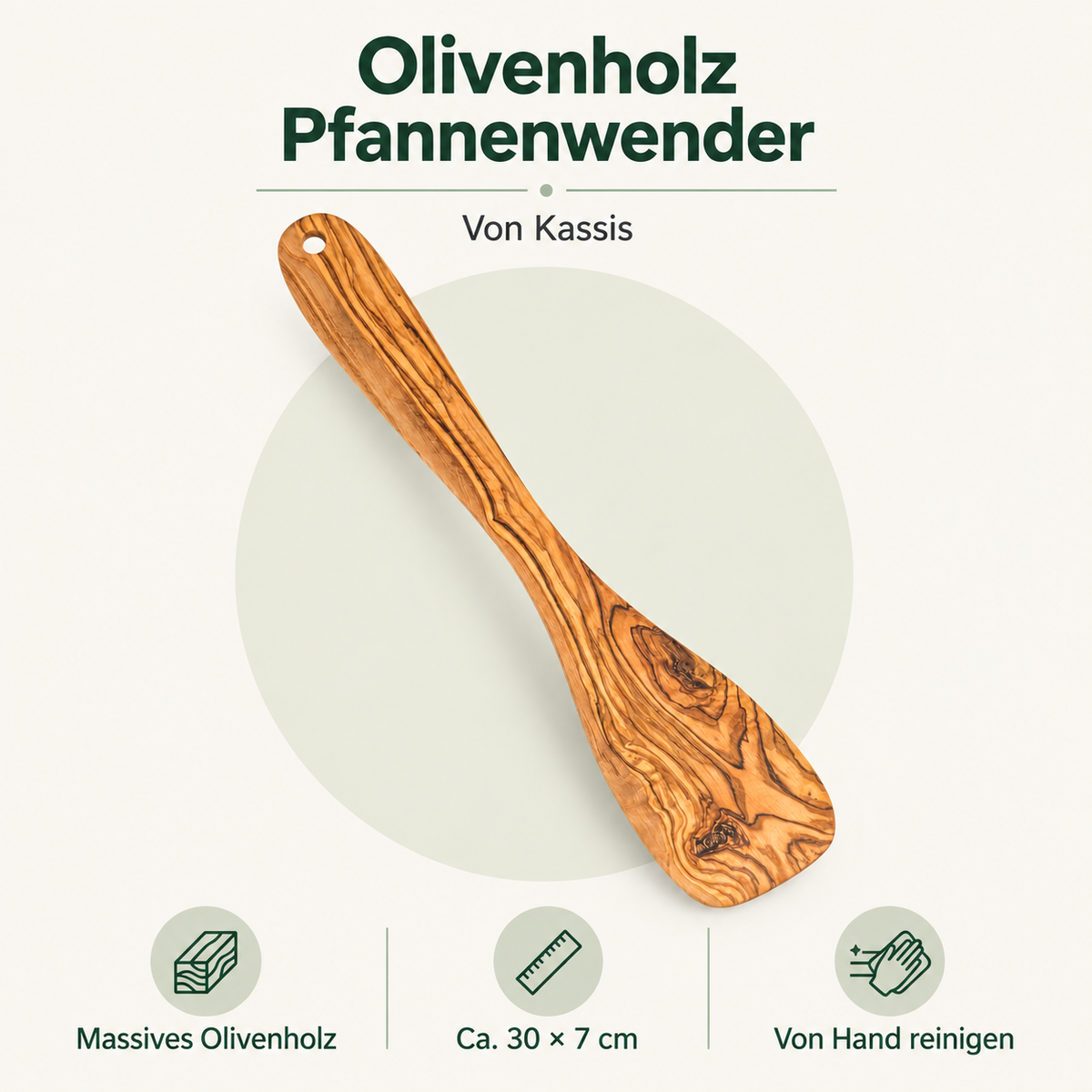 Kassis Olivenholz-Pfannenwender – Evrilo-Produktgrafik mit Merkmalen