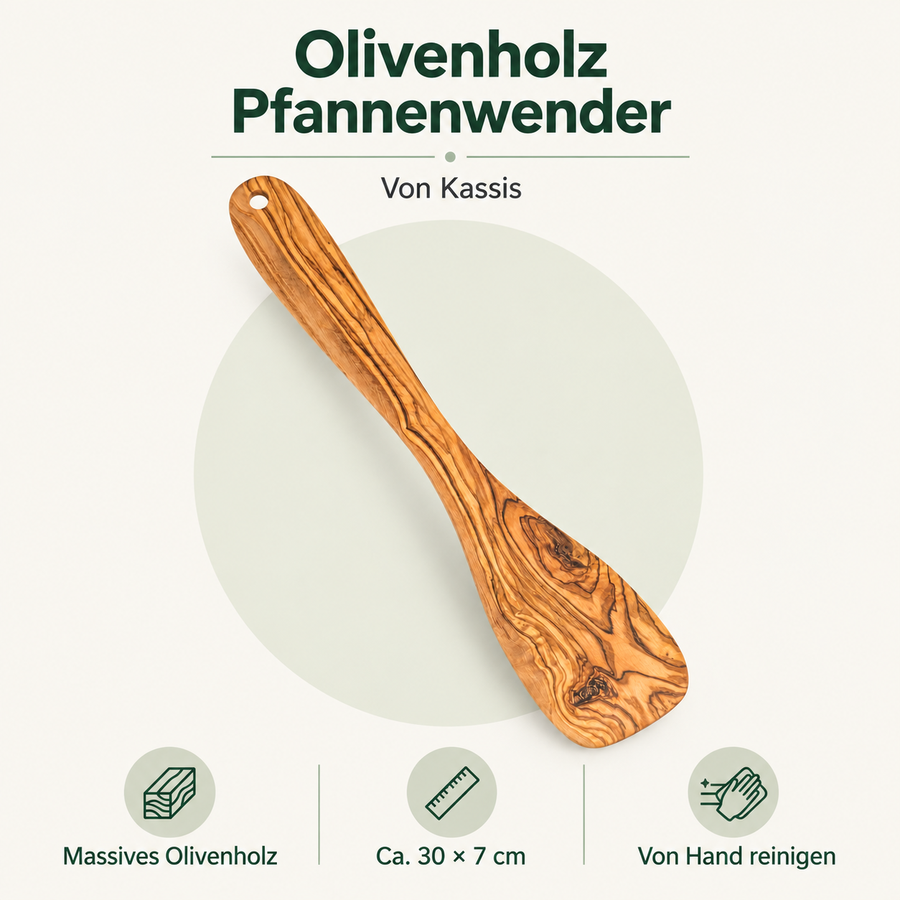 Kassis Olivenholz-Pfannenwender – Evrilo-Produktgrafik mit Merkmalen