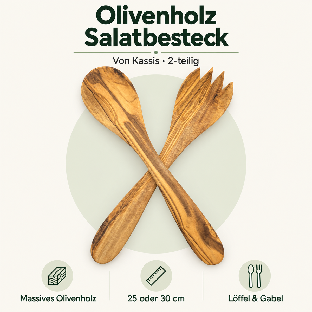 Zweiteiliges Kassis Salatbesteck aus Olivenholz im cremefarbenen Evrilo-Design mit Grössenwahl 25 oder 30 cm
