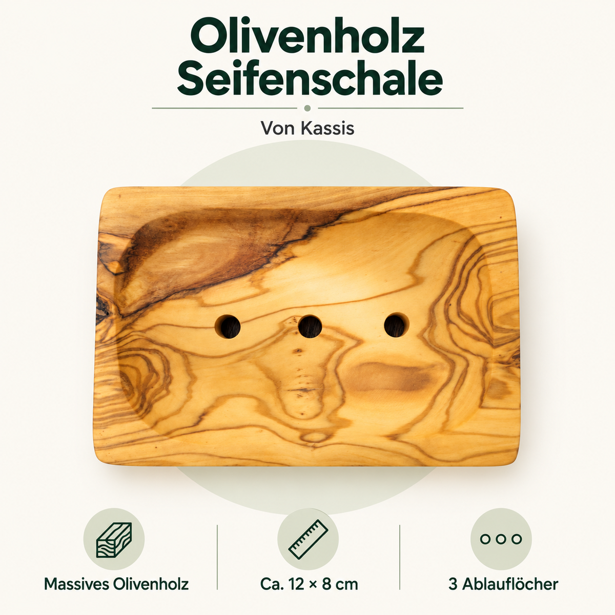 Kassis Olivenholz-Seifenschale – Evrilo-Produktgrafik mit Merkmalen