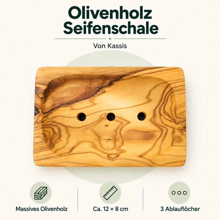 Kassis Olivenholz-Seifenschale – Evrilo-Produktgrafik mit Merkmalen